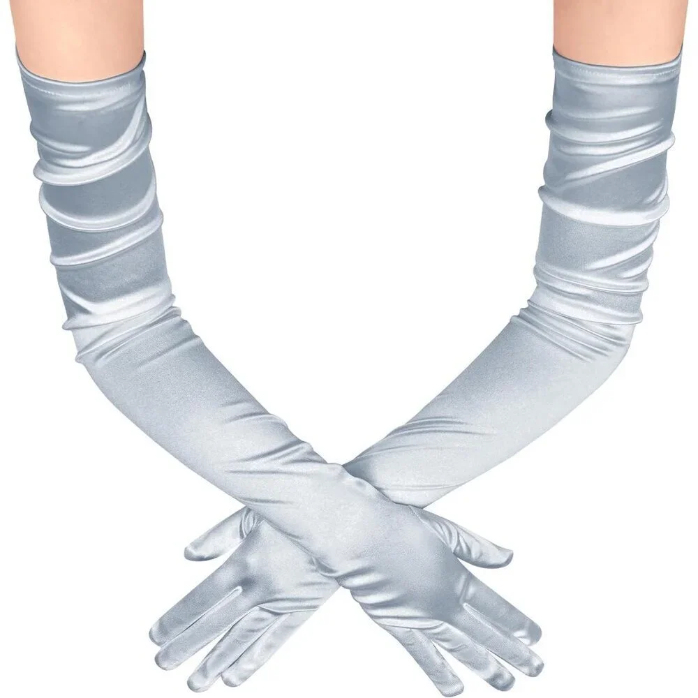 Women's Long Satin Gloves Silver Stretchy Upper Arm Length Costume Design